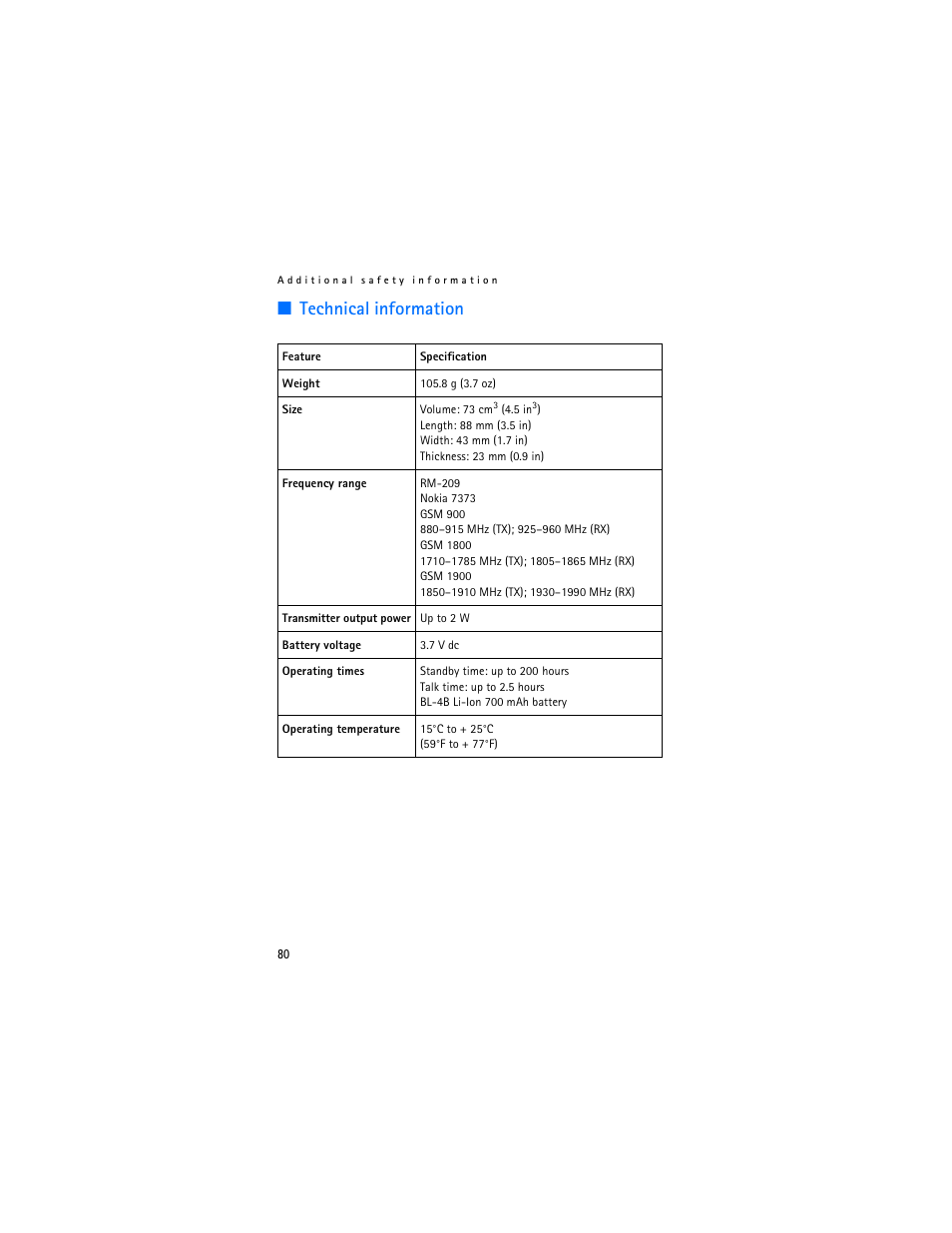 Technical information | Nokia 7373 User Manual | Page 81 / 177