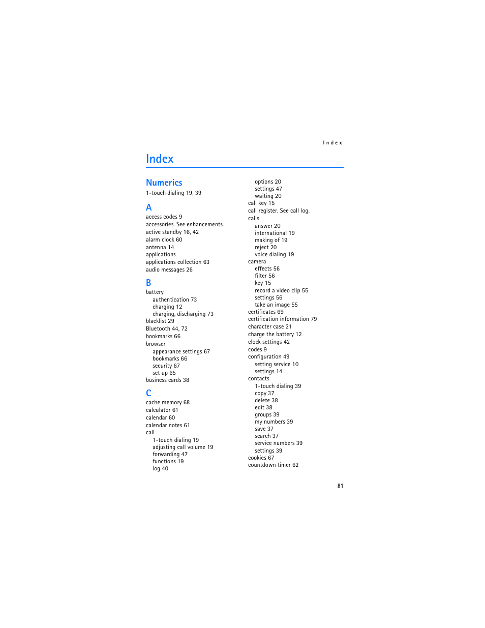 Index, Numerics | Nokia 7373 User Manual | Page 82 / 177