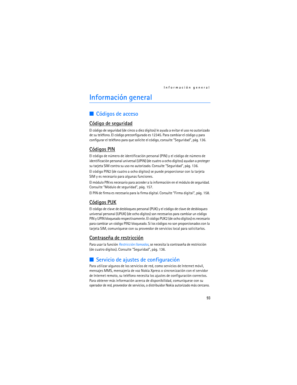 Información general, Códigos de acceso, Servicio de ajustes de configuración | Nokia 7373 User Manual | Page 94 / 177