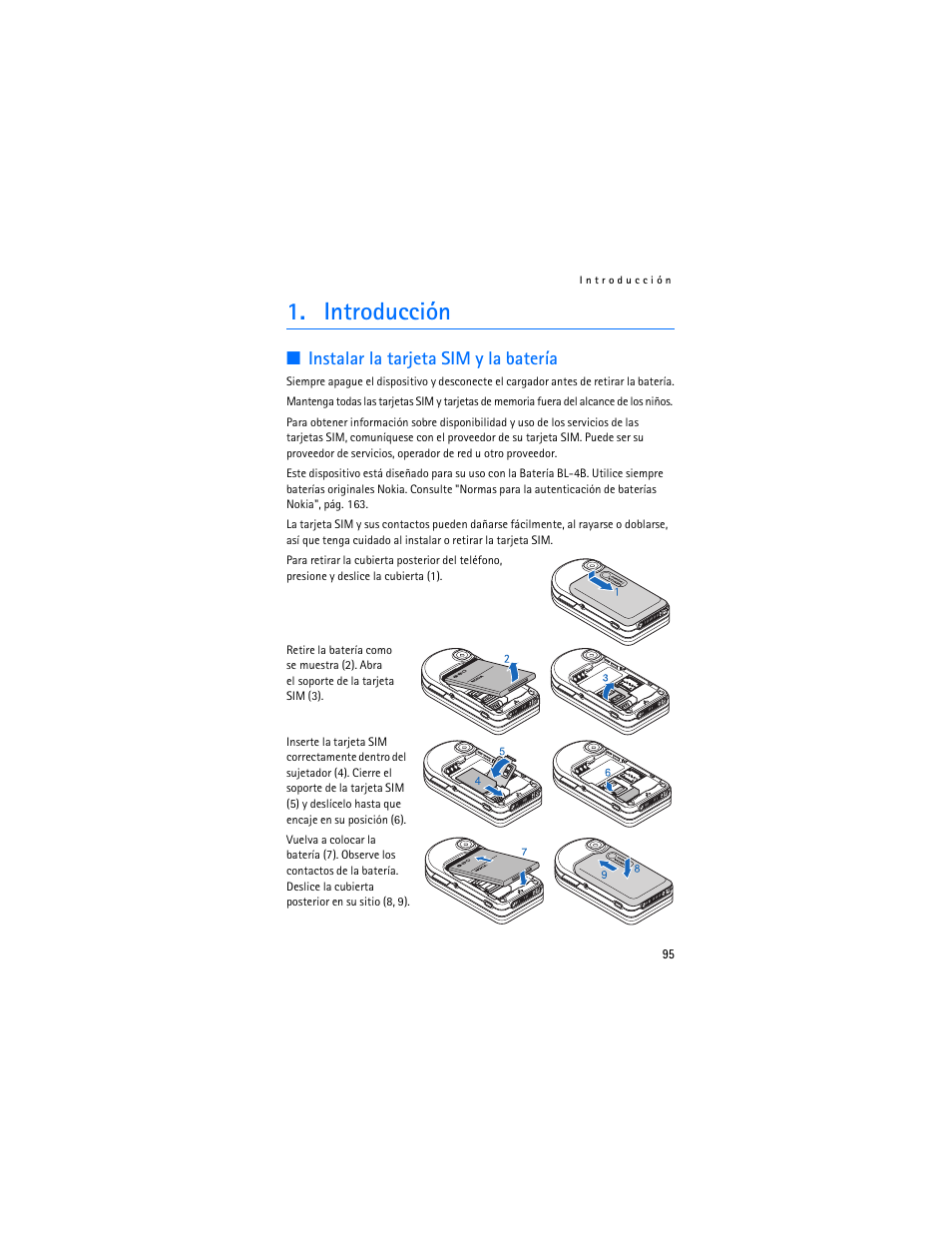 Introducción, Instalar la tarjeta sim y la batería | Nokia 7373 User Manual | Page 96 / 177