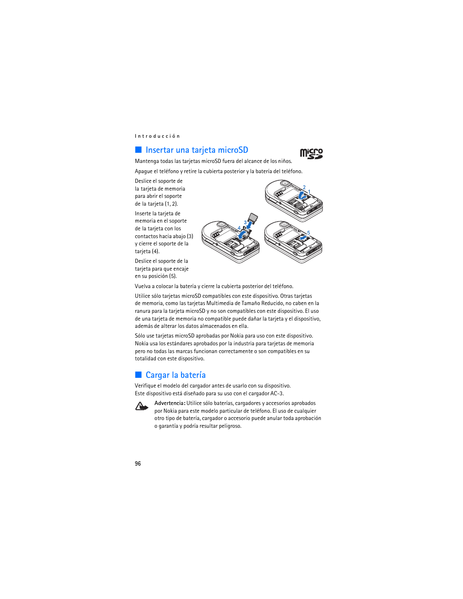 Insertar una tarjeta microsd, Cargar la batería, Insertar una tarjeta microsd cargar la batería | Nokia 7373 User Manual | Page 97 / 177