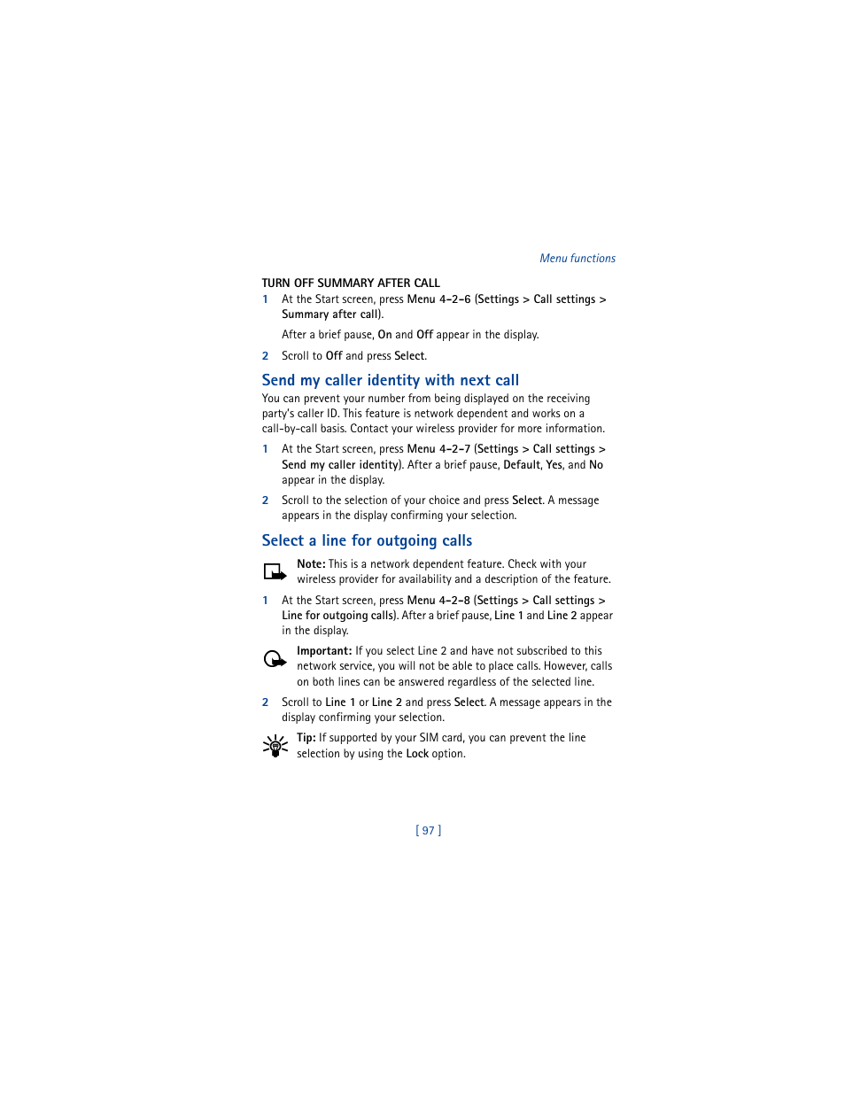 Send my caller identity with next call, Select a line for outgoing calls | Nokia 6100 User Manual | Page 106 / 193