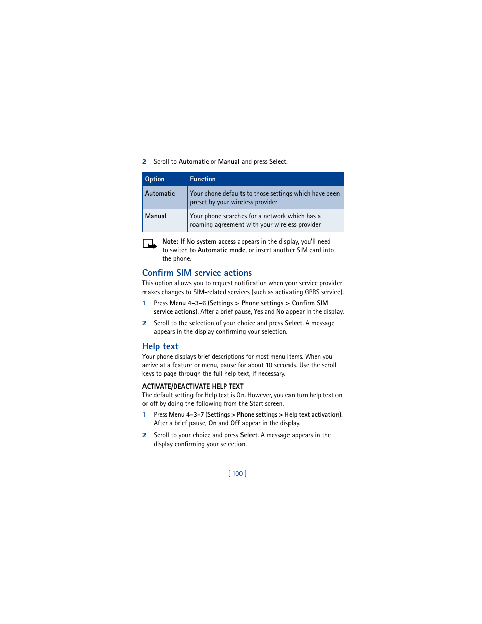Confirm sim service actions, Help text | Nokia 6100 User Manual | Page 109 / 193