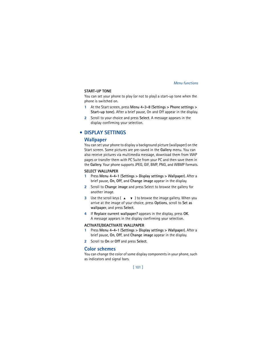 Display settings, Display settings wallpaper, Color schemes | Nokia 6100 User Manual | Page 110 / 193