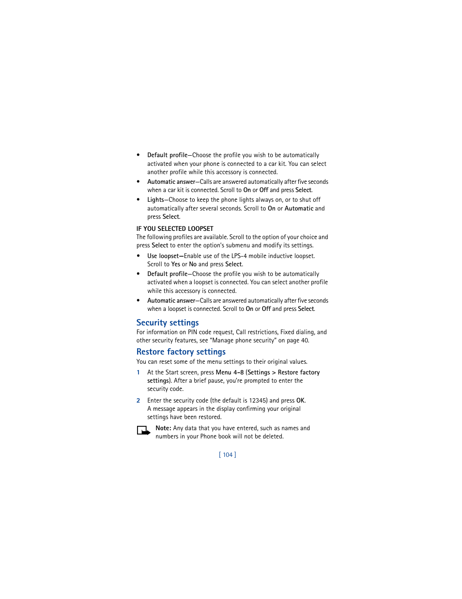 Security settings, Restore factory settings | Nokia 6100 User Manual | Page 113 / 193