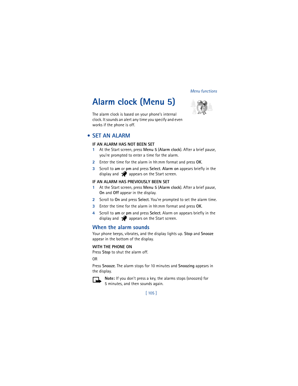 Alarm clock (menu 5), Set an alarm | Nokia 6100 User Manual | Page 114 / 193