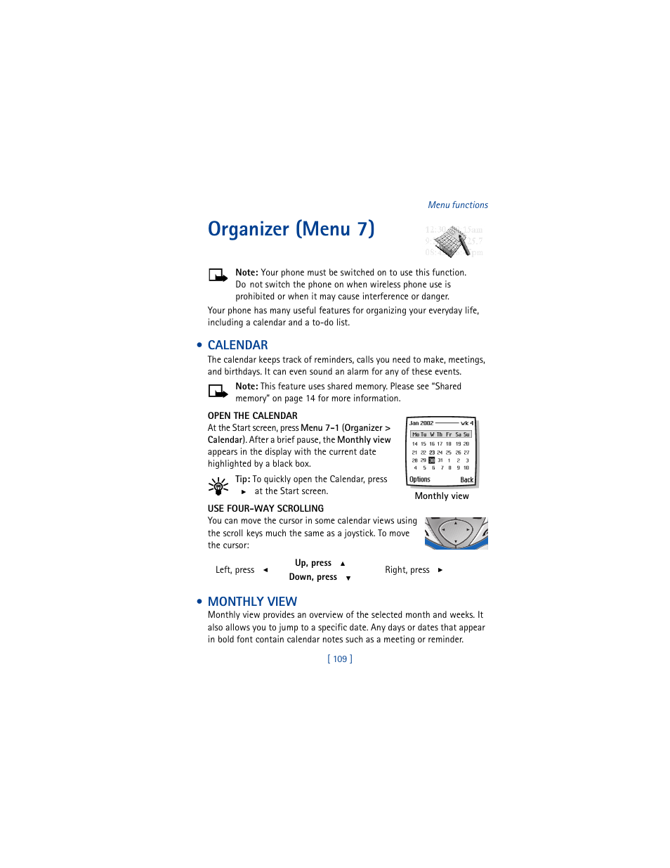 Organizer (menu 7), Calendar, Monthly view | Nokia 6100 User Manual | Page 118 / 193