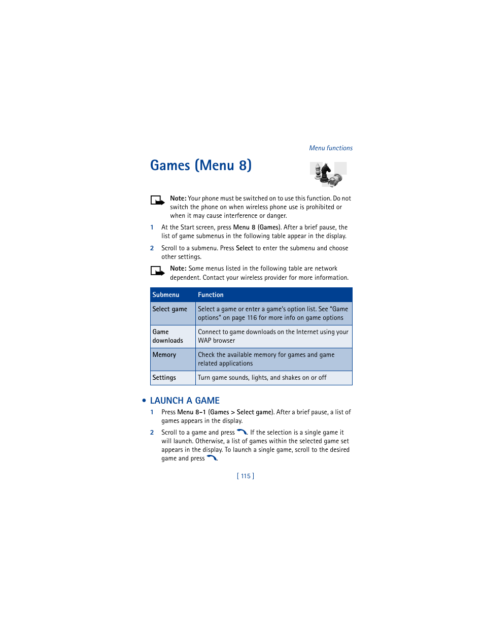 Games (menu 8), Launch a game | Nokia 6100 User Manual | Page 124 / 193