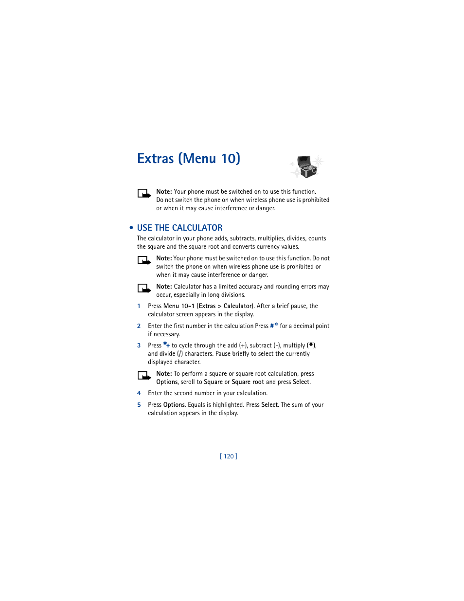 Extras (menu 10), Use the calculator | Nokia 6100 User Manual | Page 129 / 193