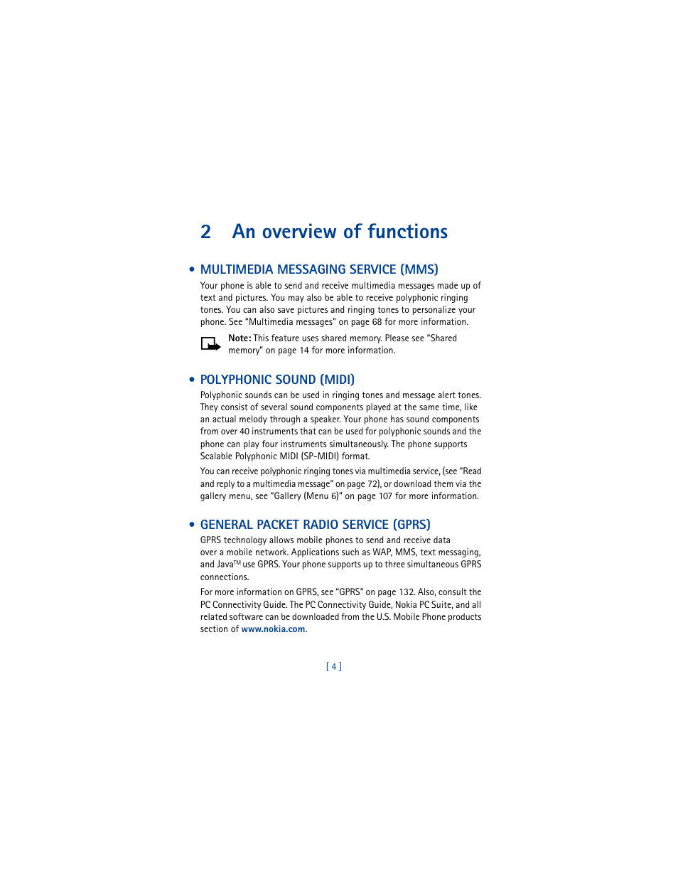 2 an overview of functions, Multimedia messaging service (mms), Polyphonic sound (midi) | General packet radio service (gprs), An overview of functions, 2an overview of functions | Nokia 6100 User Manual | Page 13 / 193