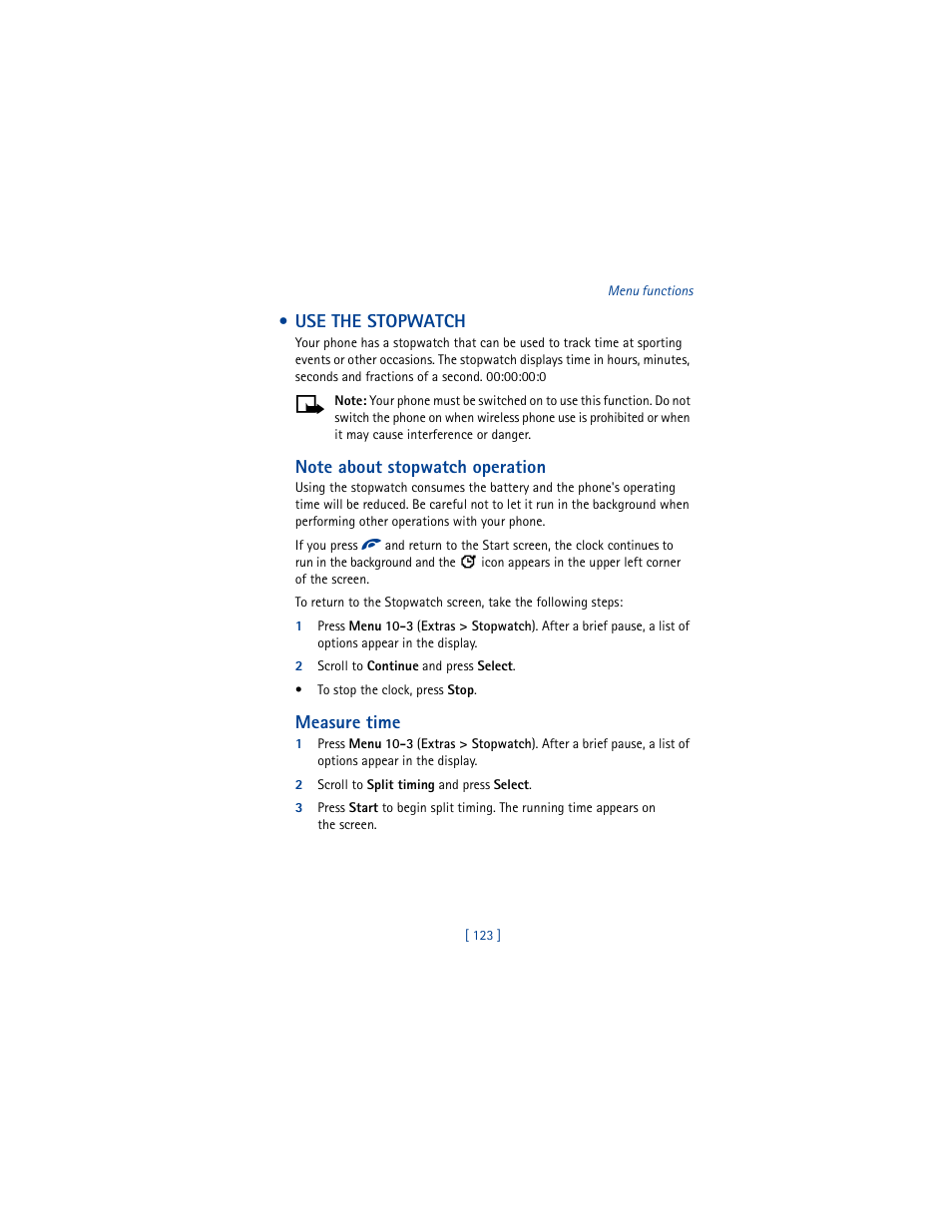 Use the stopwatch | Nokia 6100 User Manual | Page 132 / 193