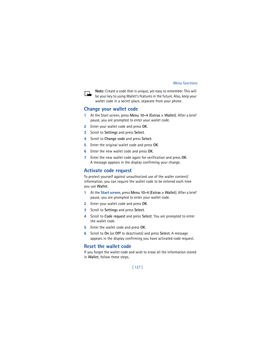 Change your wallet code, Activate code request, Reset the wallet code | Nokia 6100 User Manual | Page 136 / 193