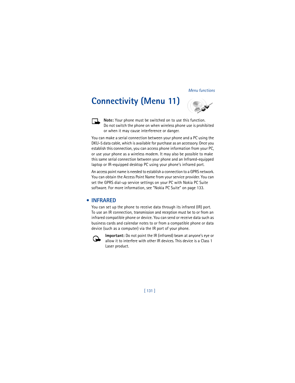 Connectivity (menu 11), Infrared | Nokia 6100 User Manual | Page 140 / 193