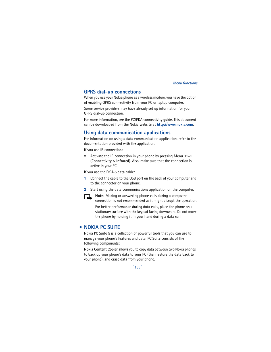 Nokia pc suite, Gprs dial-up connections, Using data communication applications | Nokia 6100 User Manual | Page 142 / 193