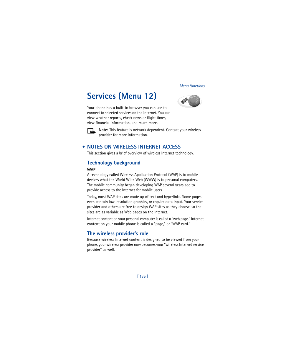 Services (menu 12), Notes on wireless internet access | Nokia 6100 User Manual | Page 144 / 193