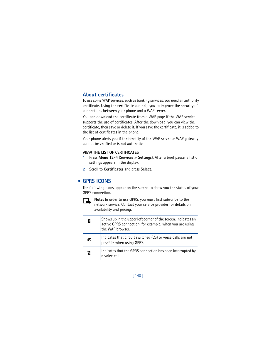 Gprs icons, About certificates | Nokia 6100 User Manual | Page 149 / 193