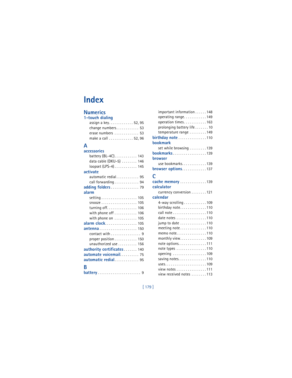 Index, Numerics | Nokia 6100 User Manual | Page 188 / 193