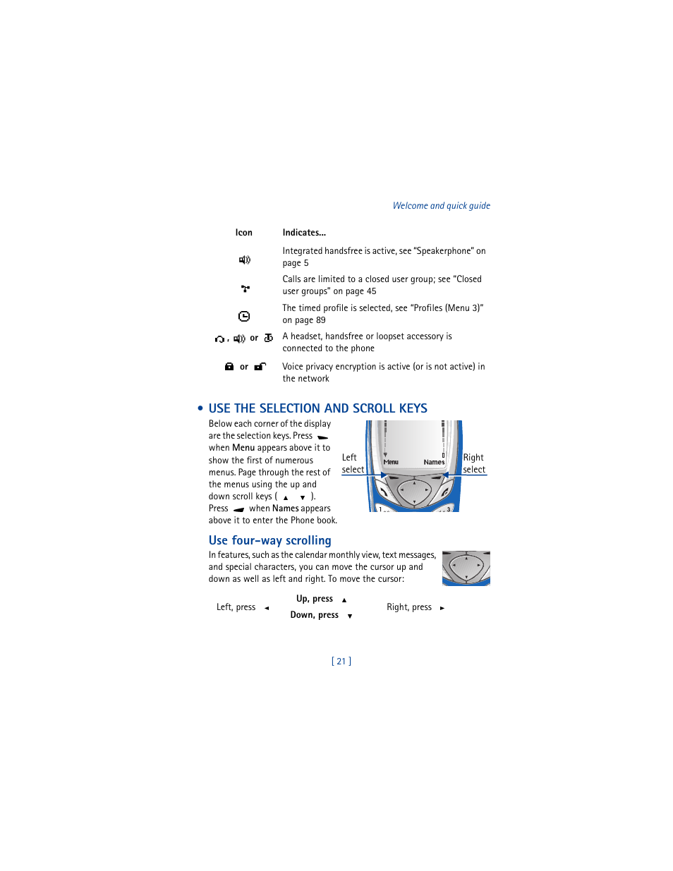 Use the selection and scroll keys, Use four-way scrolling | Nokia 6100 User Manual | Page 30 / 193