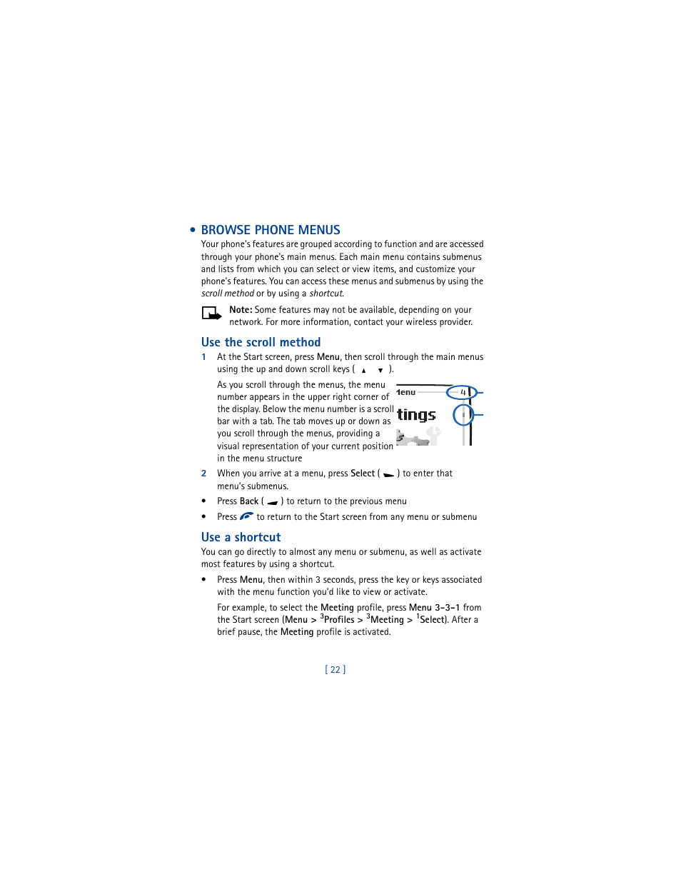 Browse phone menus, Use the scroll method, Use a shortcut | Nokia 6100 User Manual | Page 31 / 193