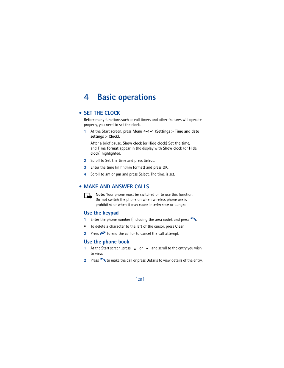 4 basic operations, Set the clock, Make and answer calls | Basic operations, Set the clock make and answer calls, 4basic operations | Nokia 6100 User Manual | Page 37 / 193