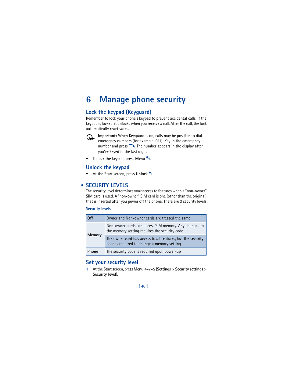 6 manage phone security, Security levels, Manage phone security | 6manage phone security | Nokia 6100 User Manual | Page 49 / 193