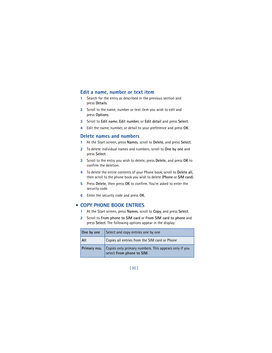 Copy phone book entries, Edit a name, number or text item, Delete names and numbers | Nokia 6100 User Manual | Page 59 / 193