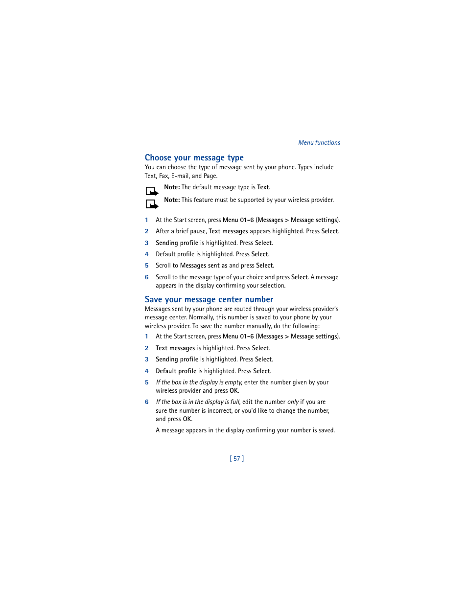 Choose your message type, Save your message center number | Nokia 6100 User Manual | Page 66 / 193