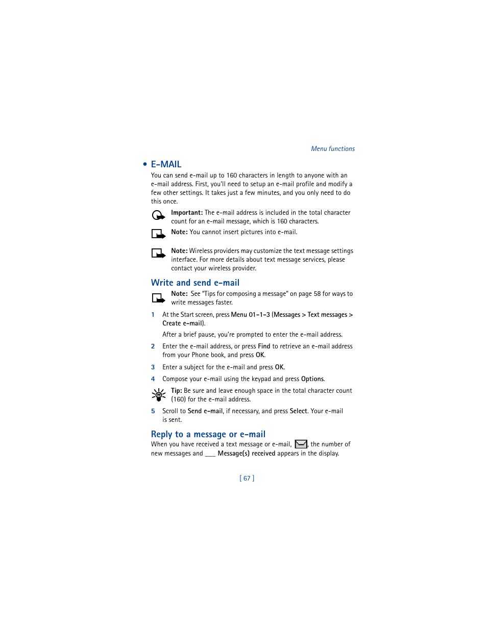 E-mail, Write and send e-mail, Reply to a message or e-mail | Nokia 6100 User Manual | Page 76 / 193