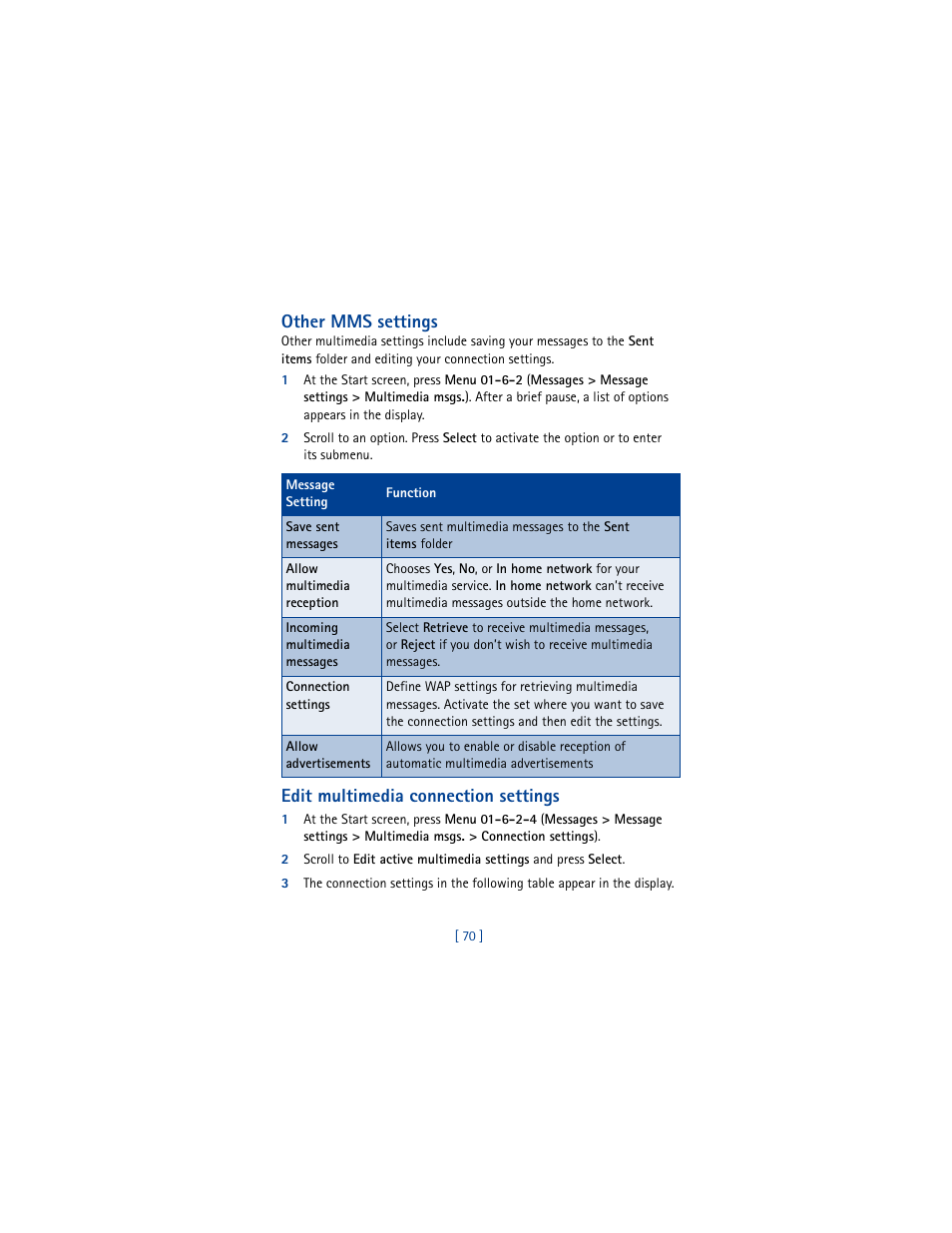 Other mms settings, Edit multimedia connection settings | Nokia 6100 User Manual | Page 79 / 193