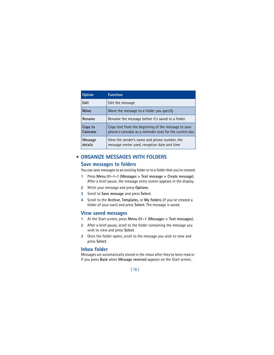 Organize messages with folders, View saved messages, Inbox folder | Nokia 6100 User Manual | Page 87 / 193