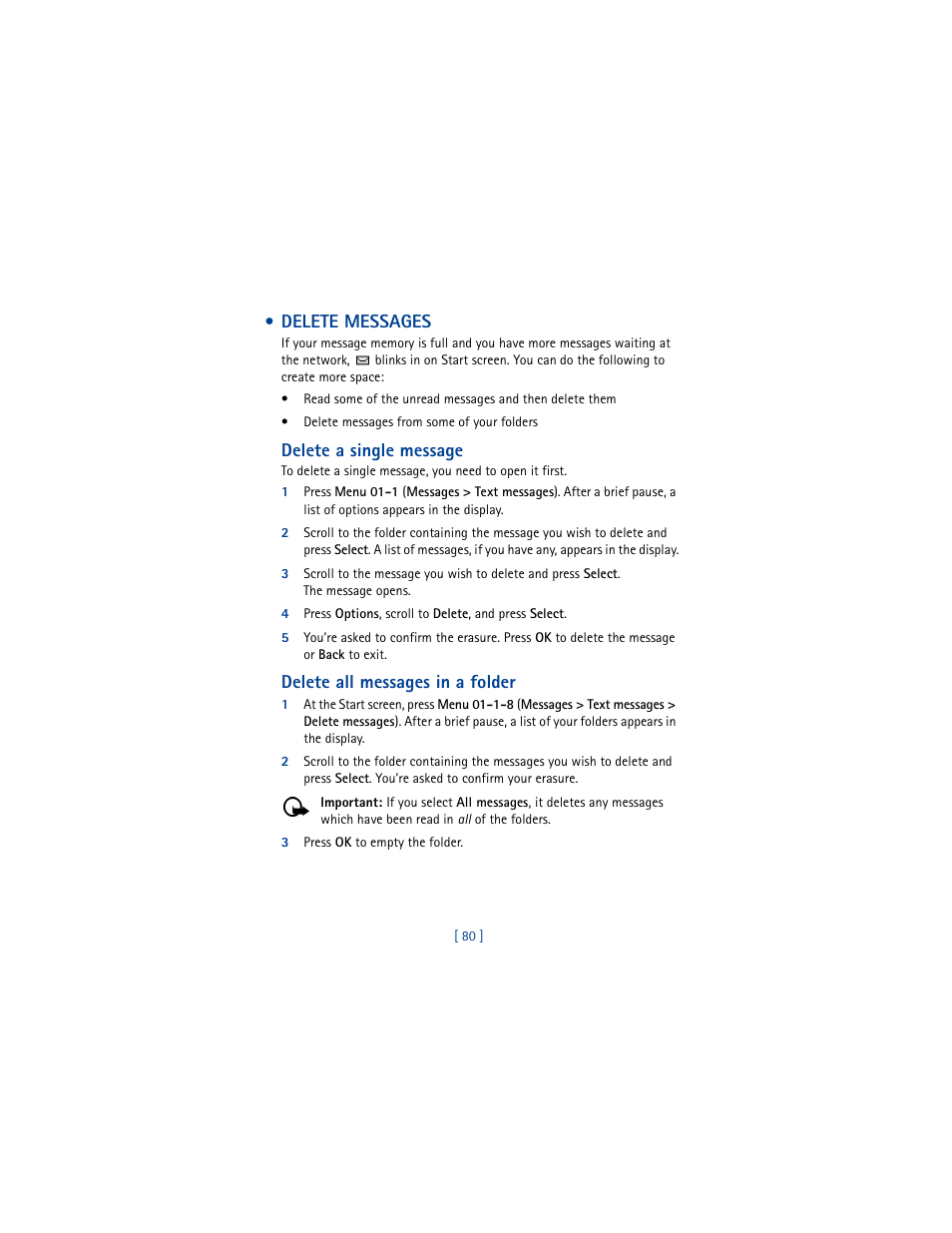 Delete messages, Delete a single message, Delete all messages in a folder | Nokia 6100 User Manual | Page 89 / 193