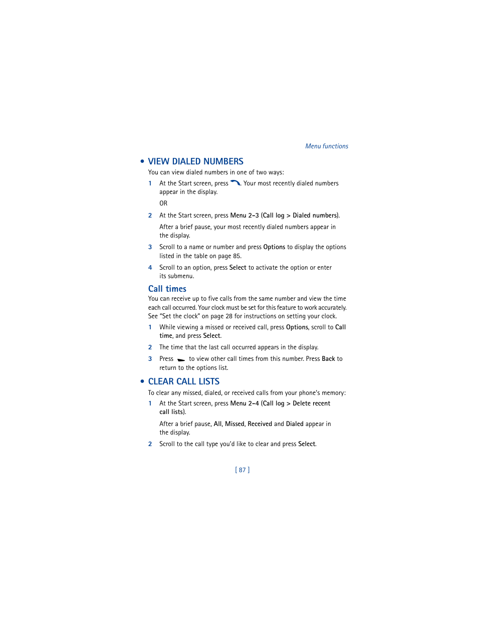 View dialed numbers, Clear call lists, View dialed numbers clear call lists | Nokia 6100 User Manual | Page 96 / 193