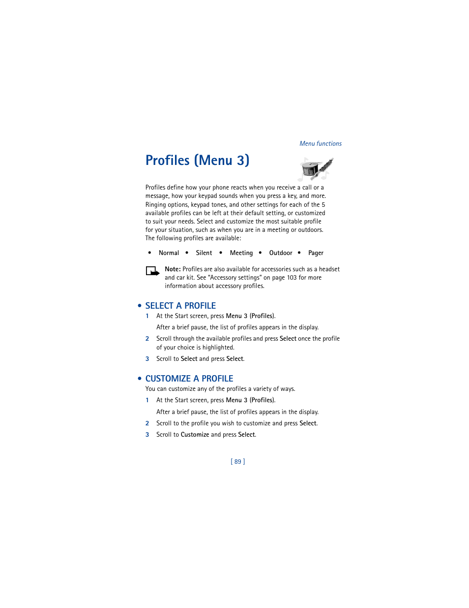 Profiles (menu 3), Select a profile, Customize a profile | Select a profile customize a profile | Nokia 6100 User Manual | Page 98 / 193