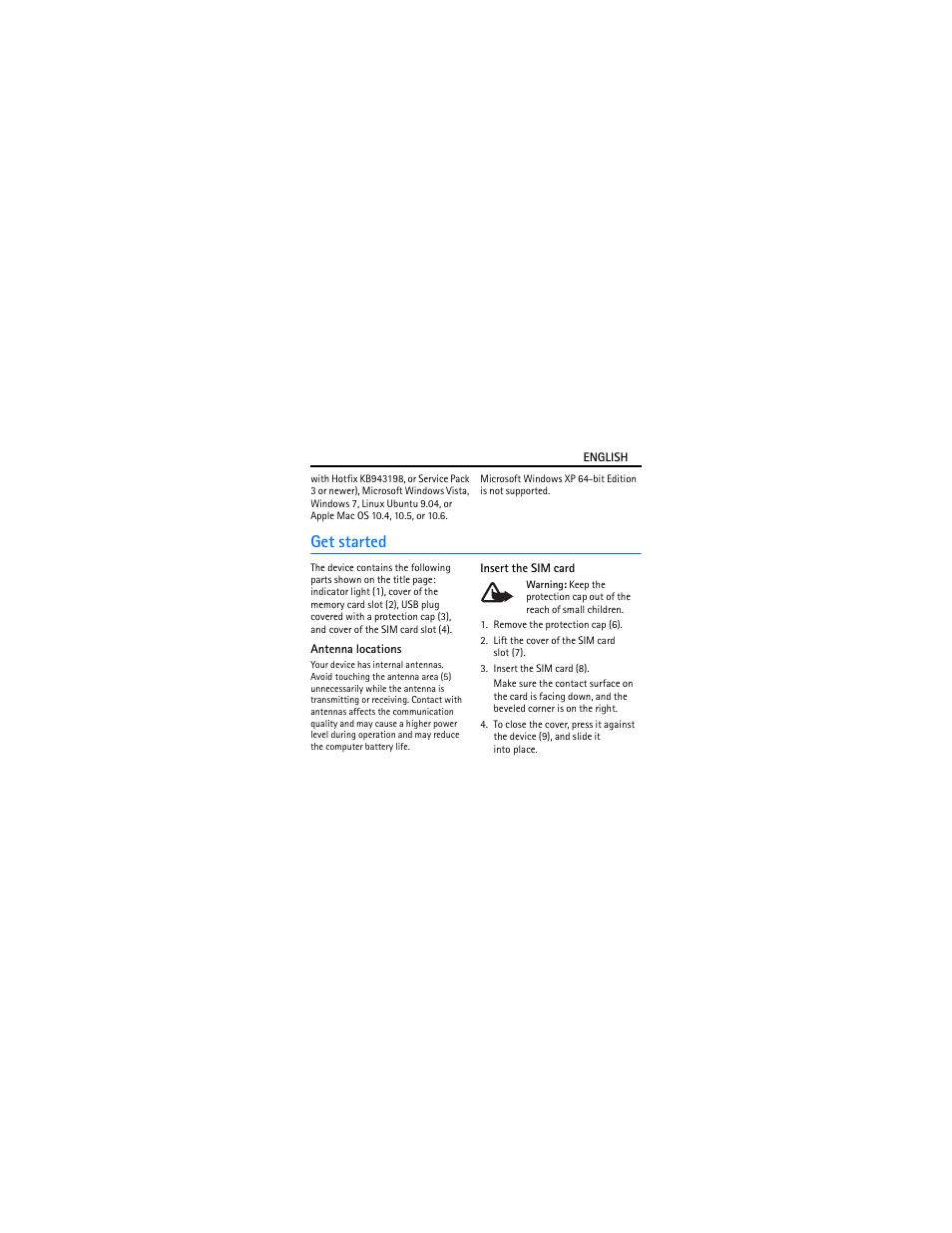Get started, Antenna locations, Insert the sim card | Nokia Internet Stick CS-18 User Manual | Page 7 / 18