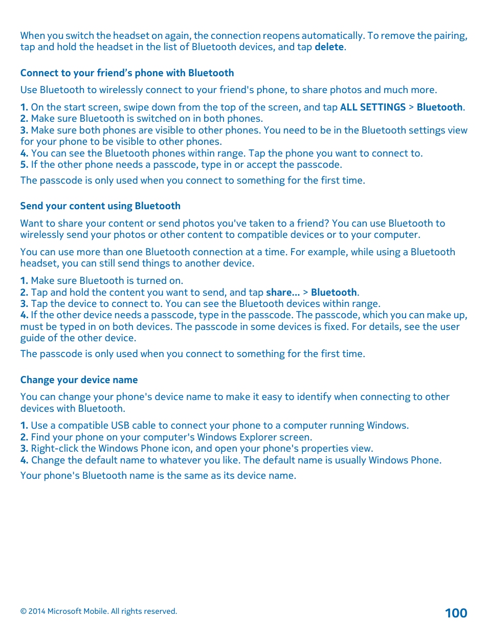 Connect to your friend’s phone with bluetooth, Send your content using bluetooth, Change your device name | Nokia Lumia 520 User Manual | Page 100 / 113