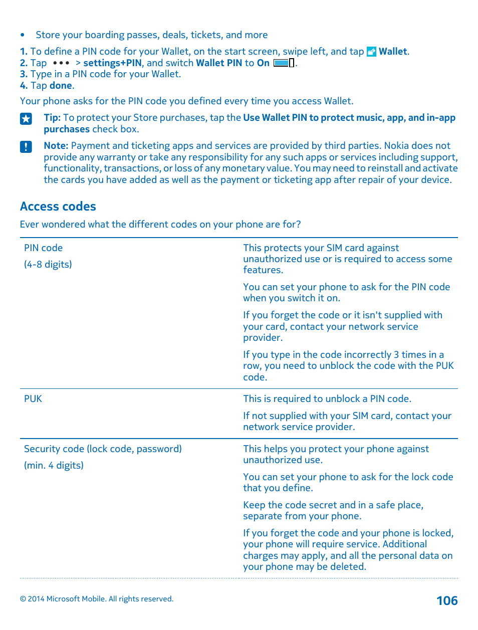Access codes | Nokia Lumia 520 User Manual | Page 106 / 113