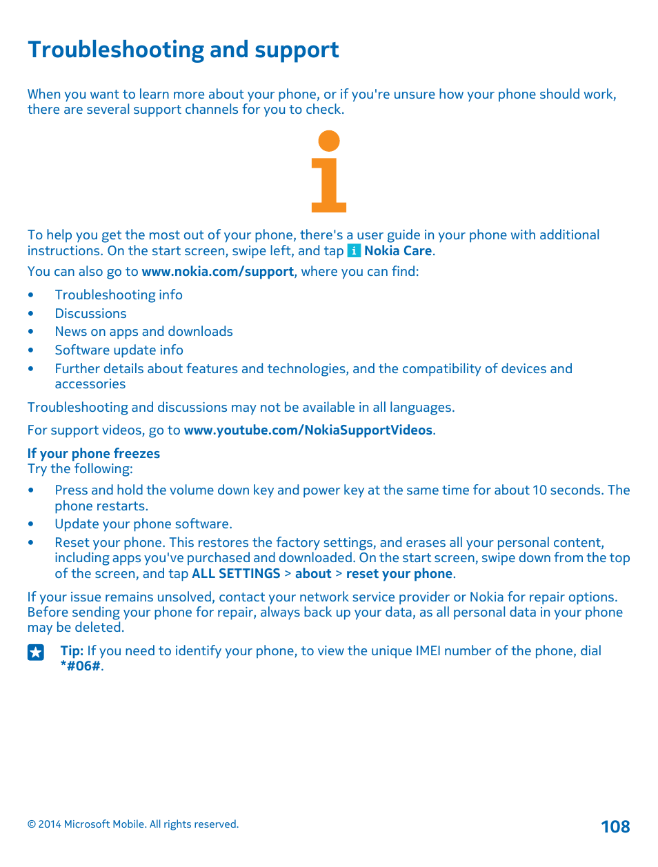 Troubleshooting and support | Nokia Lumia 520 User Manual | Page 108 / 113