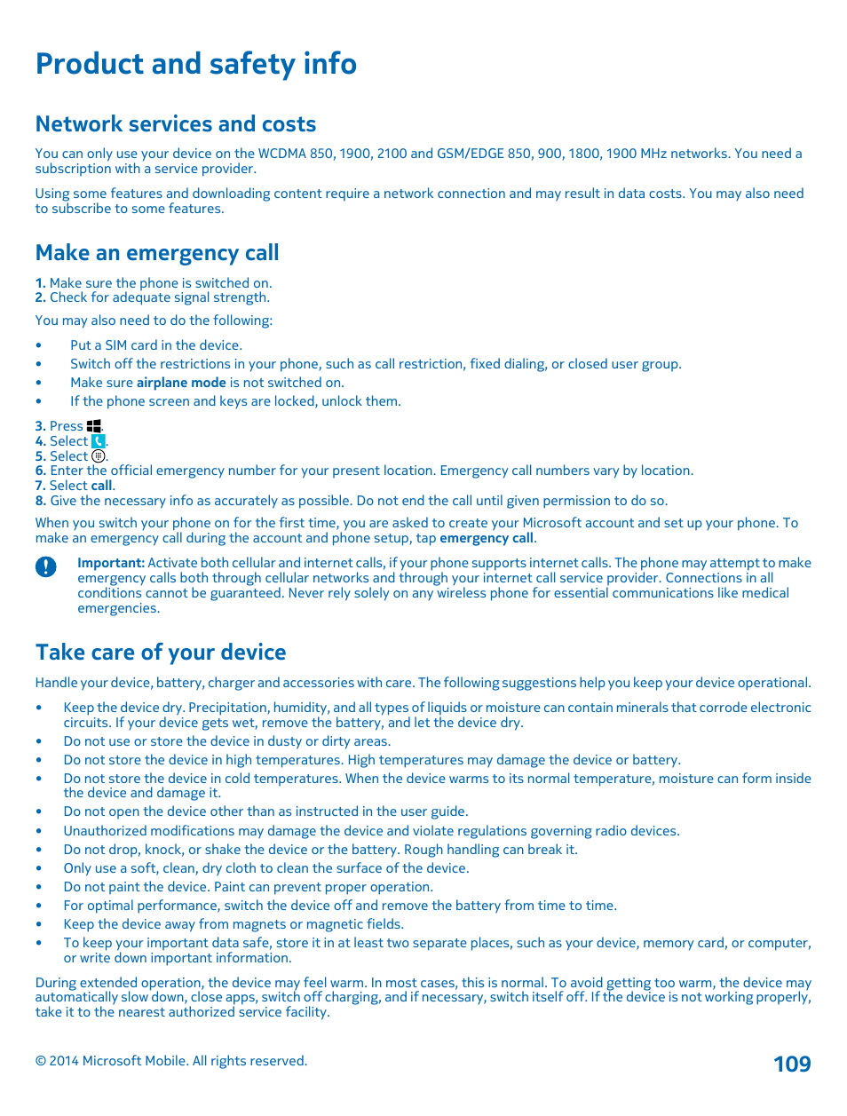 Product and safety info, Network services and costs, Make an emergency call | Take care of your device | Nokia Lumia 520 User Manual | Page 109 / 113