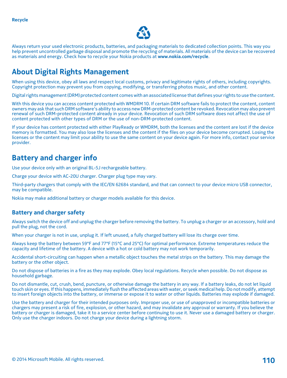 About digital rights management, Battery and charger info, Battery and charger safety | Nokia Lumia 520 User Manual | Page 110 / 113