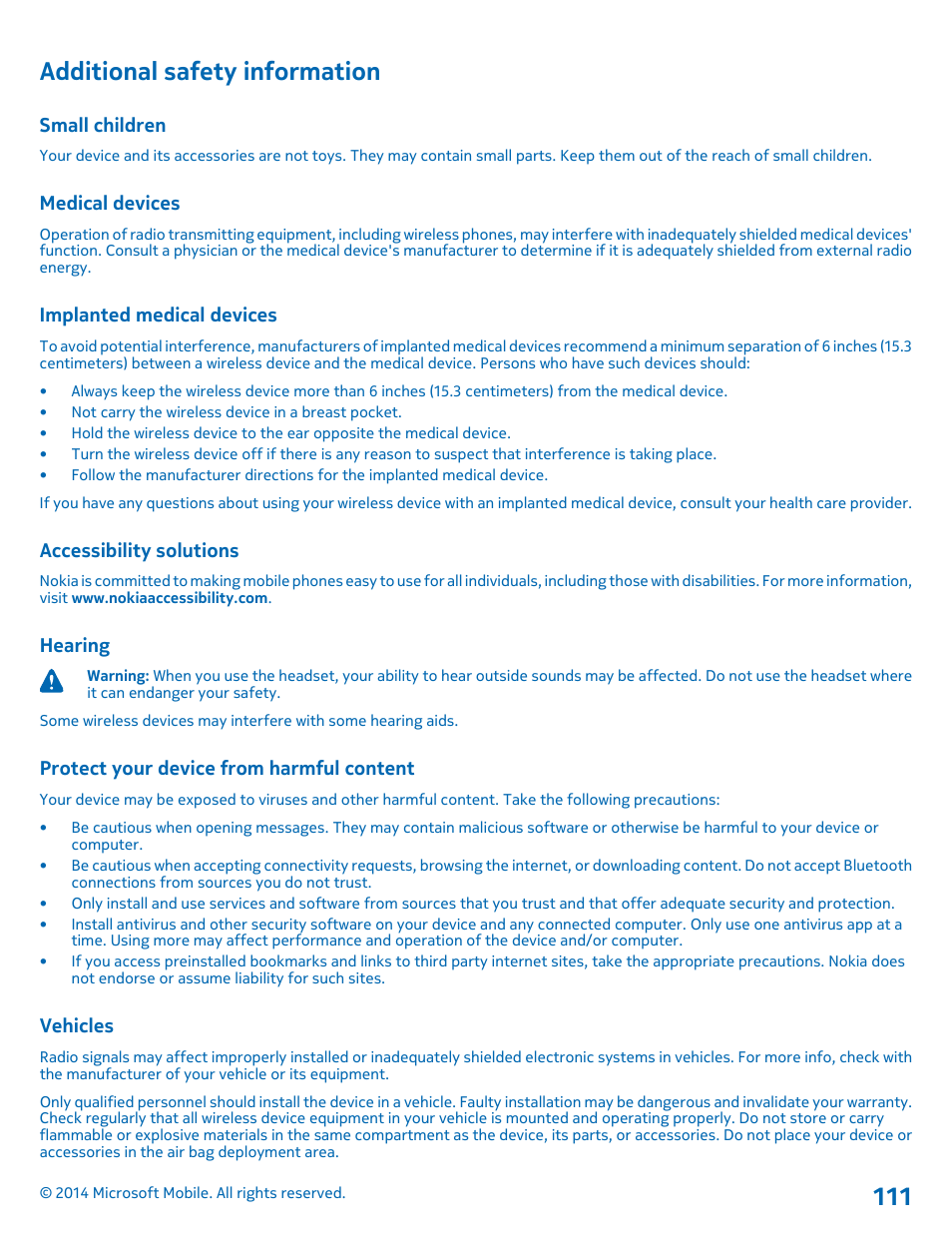 Additional safety information, Small children, Medical devices | Implanted medical devices, Accessibility solutions, Hearing, Protect your device from harmful content, Vehicles | Nokia Lumia 520 User Manual | Page 111 / 113