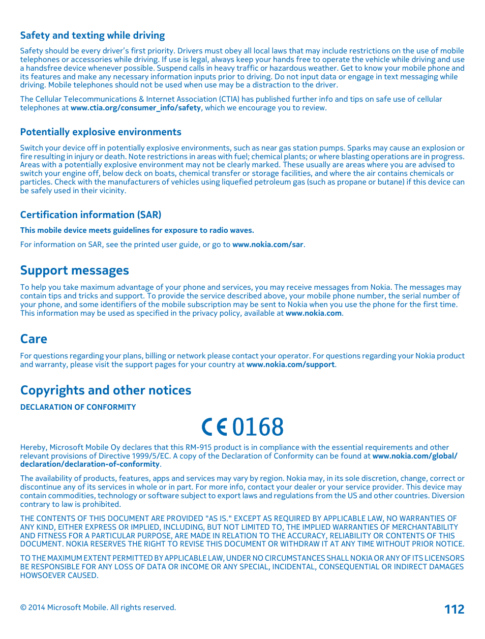 Safety and texting while driving, Potentially explosive environments, Certification information (sar) | Support messages, Care, Copyrights and other notices | Nokia Lumia 520 User Manual | Page 112 / 113