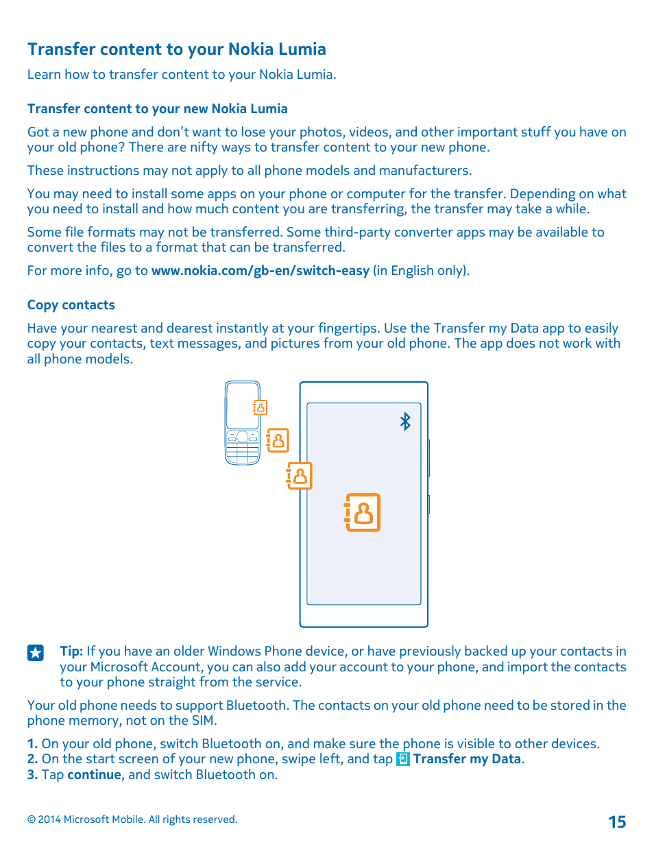 Transfer content to your nokia lumia, Transfer content to your new nokia lumia, Copy contacts | Nokia Lumia 520 User Manual | Page 15 / 113