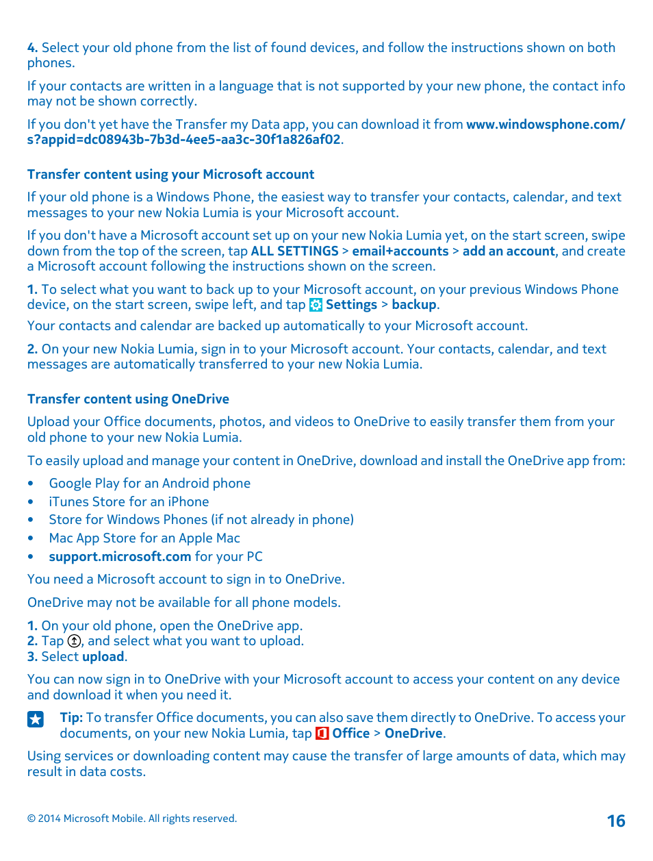 Transfer content using your microsoft account, Transfer content using onedrive | Nokia Lumia 520 User Manual | Page 16 / 113