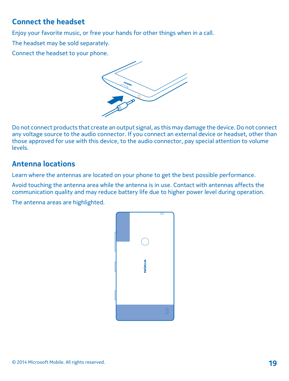 Connect the headset, Antenna locations | Nokia Lumia 520 User Manual | Page 19 / 113
