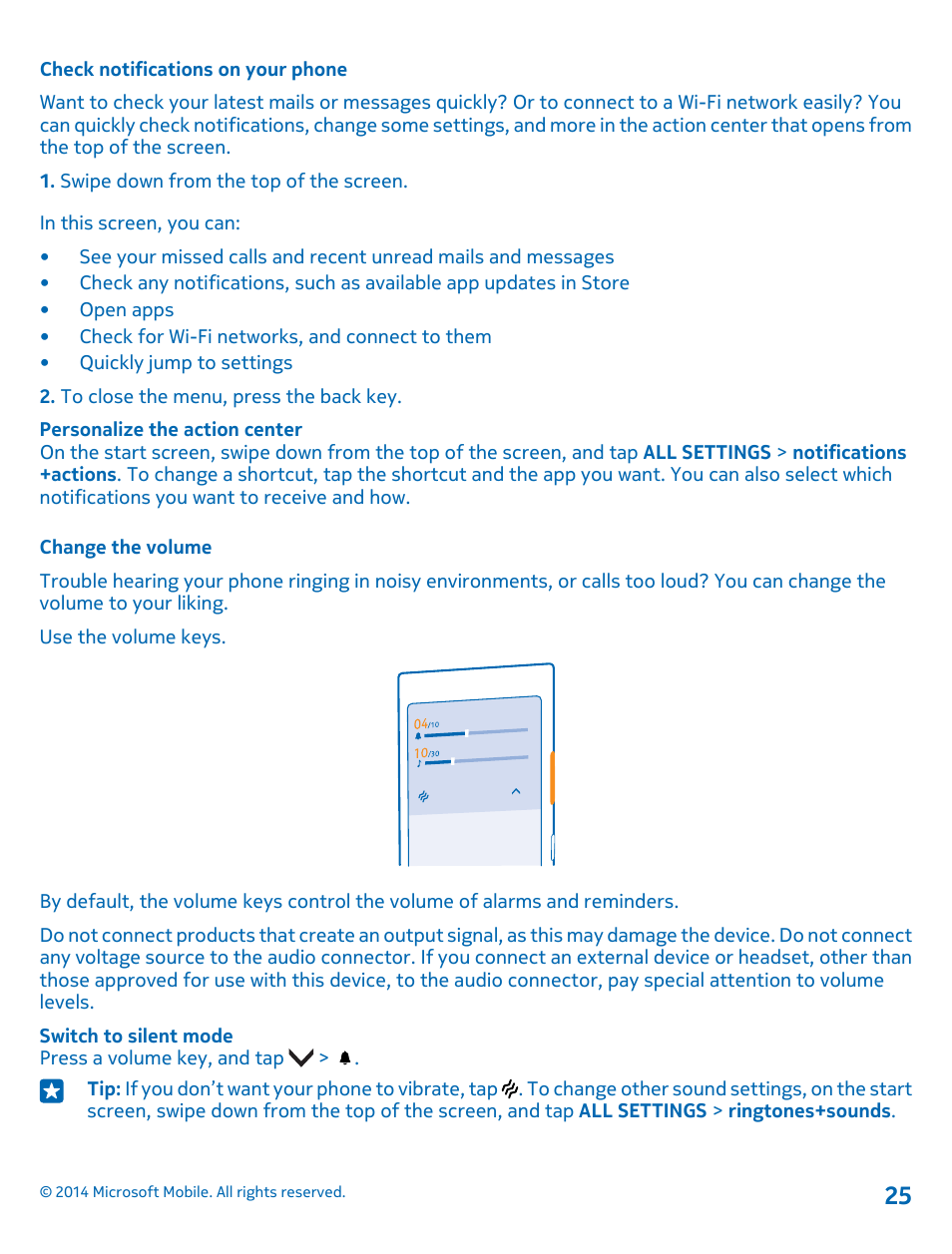 Check notifications on your phone, Change the volume | Nokia Lumia 520 User Manual | Page 25 / 113