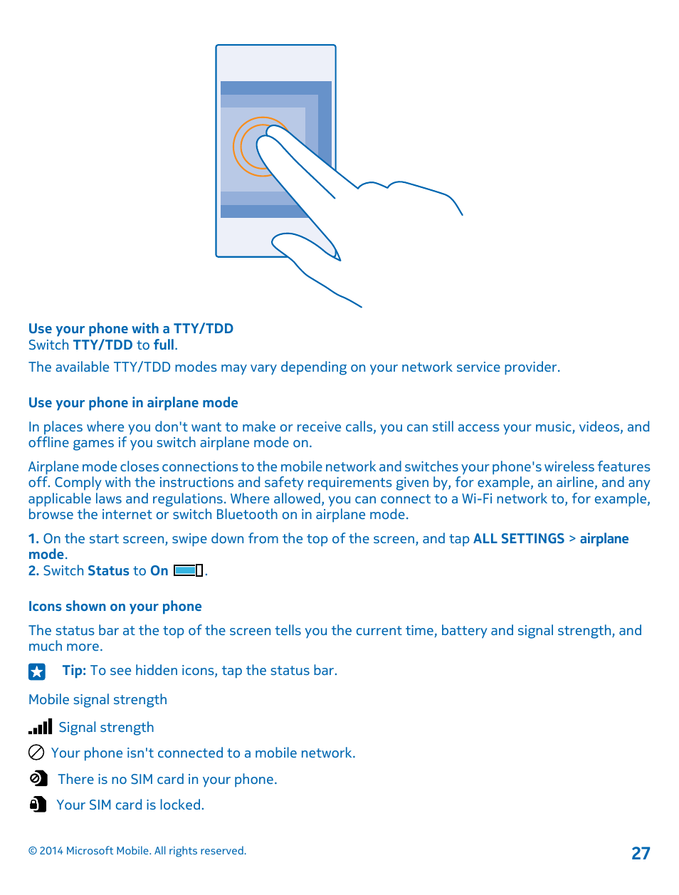 Use your phone in airplane mode, Icons shown on your phone | Nokia Lumia 520 User Manual | Page 27 / 113