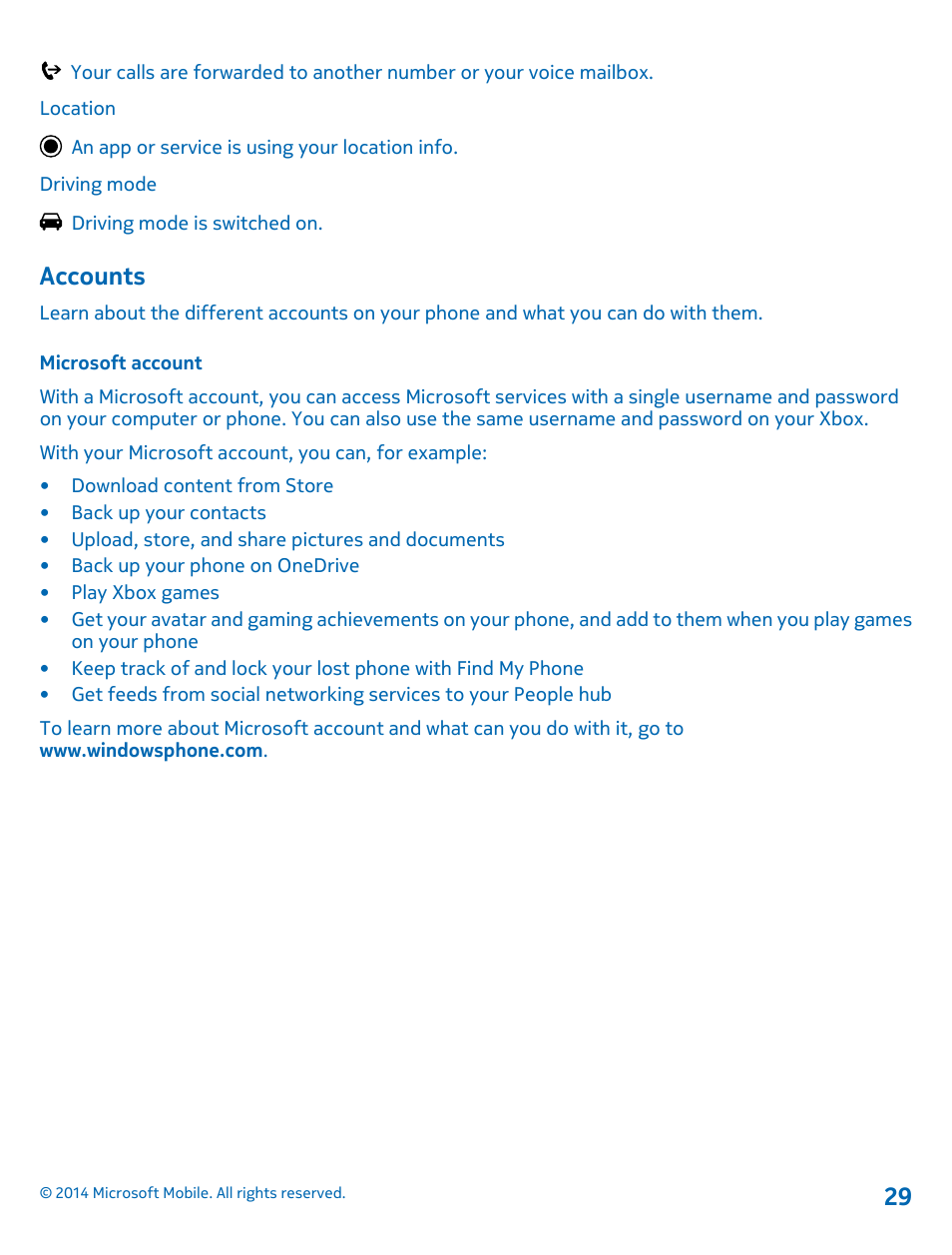 Accounts, Microsoft account | Nokia Lumia 520 User Manual | Page 29 / 113
