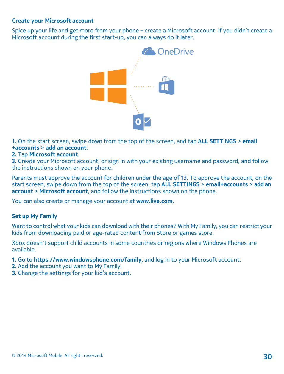 Create your microsoft account, Set up my family | Nokia Lumia 520 User Manual | Page 30 / 113