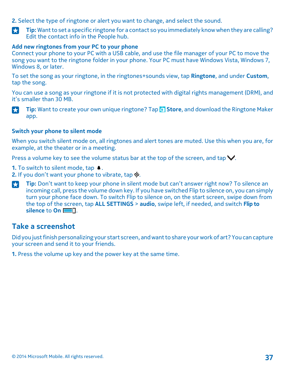 Switch your phone to silent mode, Take a screenshot | Nokia Lumia 520 User Manual | Page 37 / 113