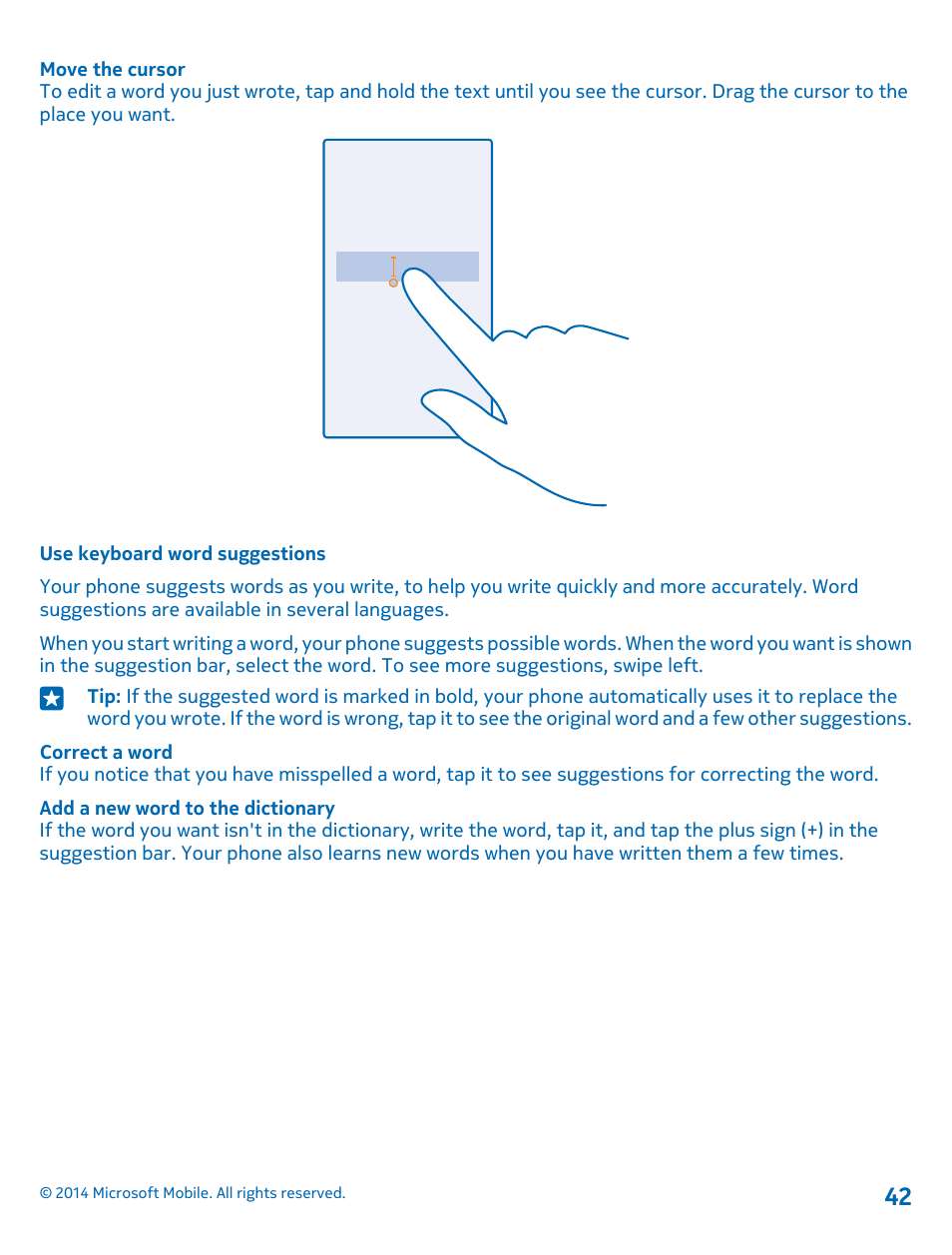 Use keyboard word suggestions | Nokia Lumia 520 User Manual | Page 42 / 113